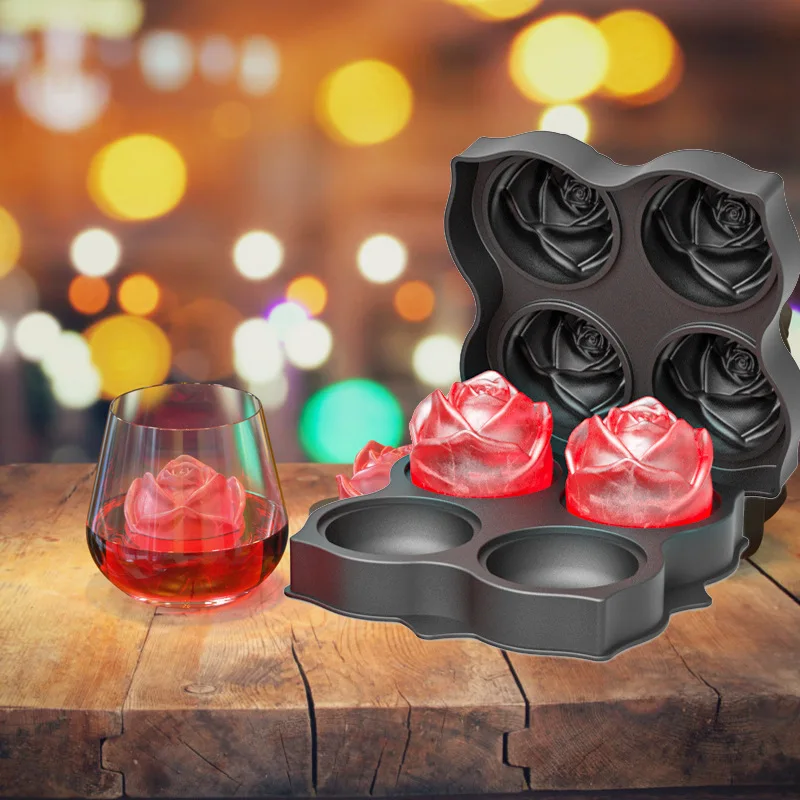 

4 Grid Ice Cube Trays Rose Flower Shape Reusable Silicone Mold BPA Free Ice Maker with Removable Lids Handmade Soap Cake Mould
