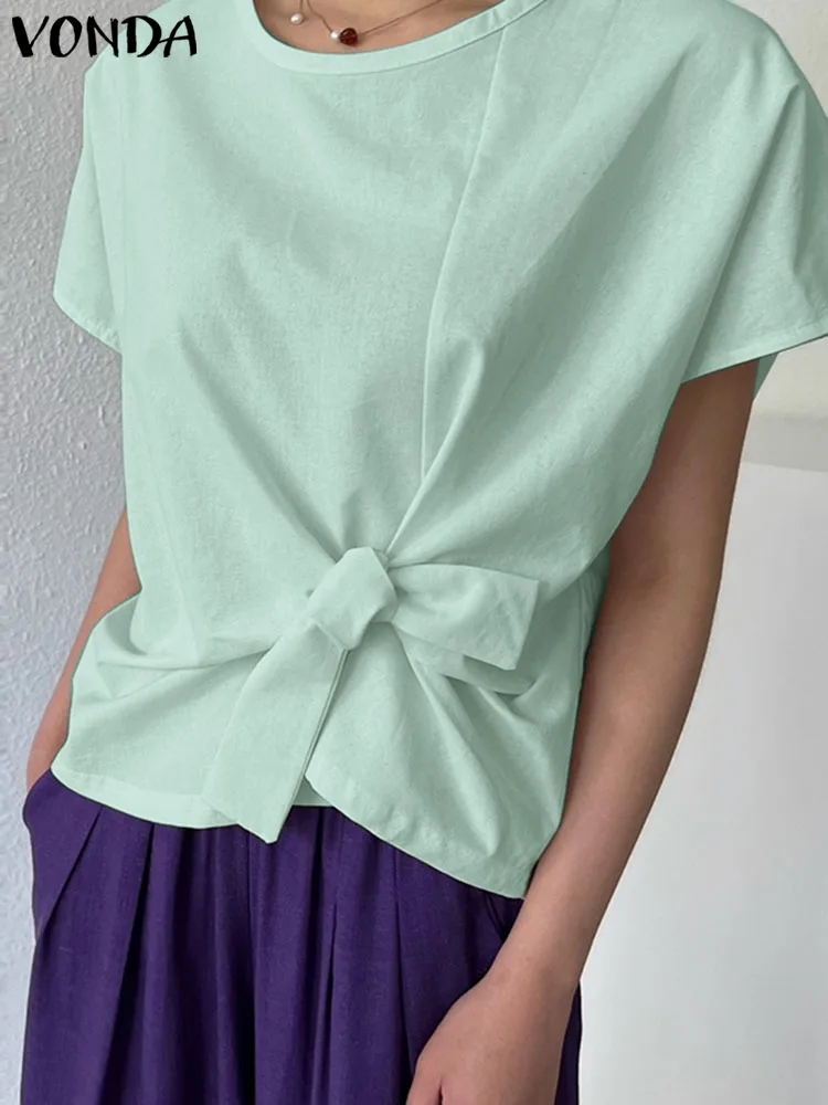 

VONDA Fashion Blouse Ladies Short Sleeve Shirts 2022 Summer Women Pleated Casual Tunic Tops Loose Solid Party Blusas Femininas