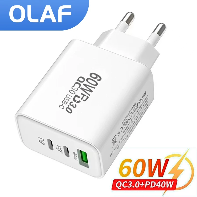60W USB Type C Charger 3 Port PD Mobile Phone Chargers USB C Quick Charge 3.0 For Samsung Xiaomi iPhone Fast carregador Adapter