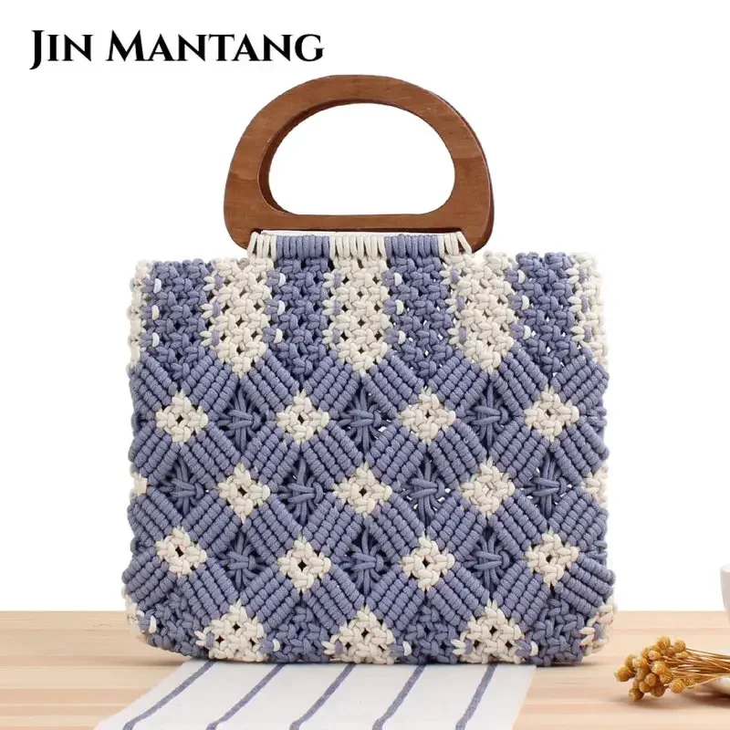 

Women Handbags Hollow Rope Woven Large Tote Casual Straw Bags Summer Beach Hand Bag Wooden Handle Bali Big Shopper Purse Striped