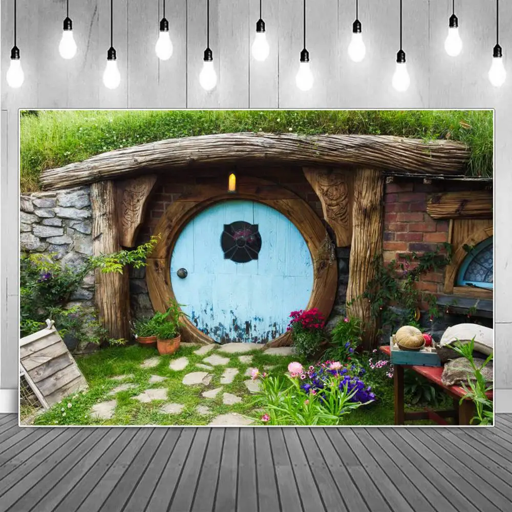 

Фоны для фотосъемки с изображением карликовой кабины и круглой двери Сказочный волшебный свет гном хижина детский фон реквизит для портрет...