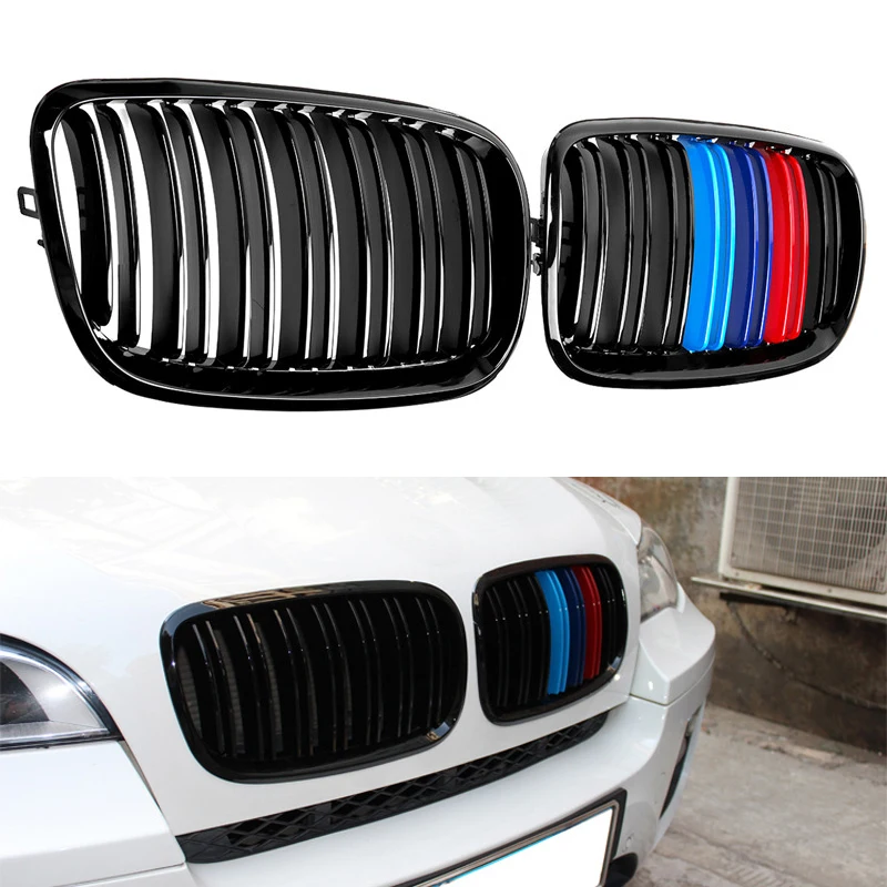 A Pair Gloss Black M Color Double Slat Kidney Grille Front Bumper Grill For BMW E70 E71 E72 X5 X6 2007-2013 Racing Grills