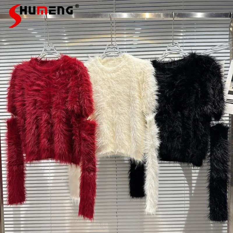 

Autumn Winter New Round Neck Imitation Mink Wool Split Oversleeve Design Knitwear Solid Color Bottoming Sweater Fluffy Pullover