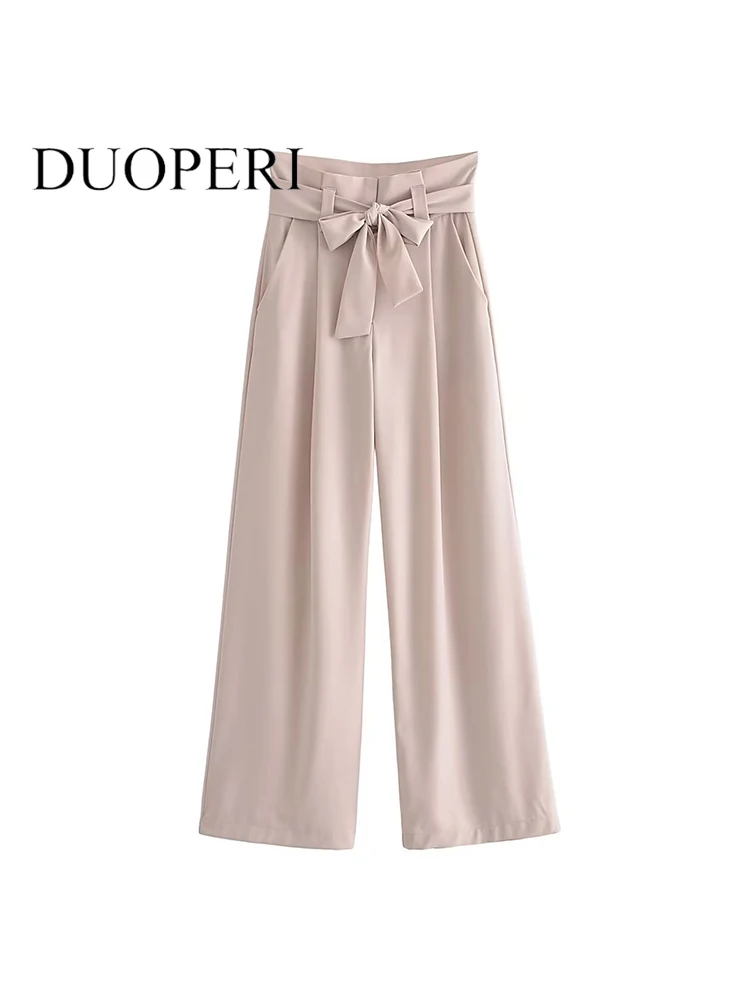 

DUOPERI Women Fashion Solid Trousers With Belt Vintage High Waist Female Office Lady Straight Pants Outfits