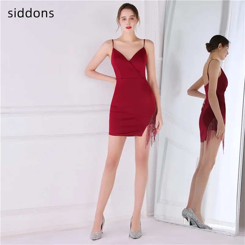 

Women Evening Dresses Satin Prom Gown Spaghetti Strap Sexy Tassels Fishtail Sleeveless V-Neck Banquet Beading 2022 New Arrivals