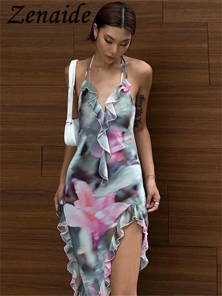 

Zenaide Halter Backless Deep V-Neck Midi Dress 2023 Summer Floral Print Women Ruffles Sexy Tassel Bodycon Dresses Y2K Clothes