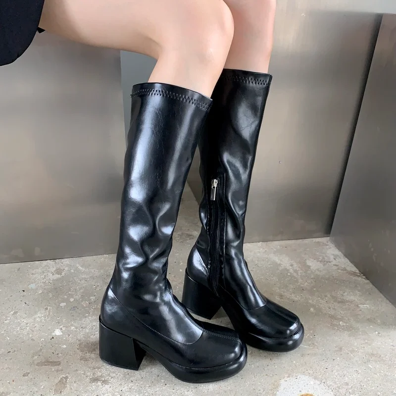 

Pu Leather Large Tube High Boots Brown Knight Boots Women's 2022 Spring and Autumn Thick Bottom Small High Heel Thick Leg Boots