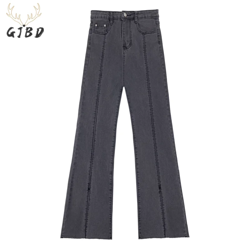 

Women's Clothing Flare Jeans Gray Slit Casual Fashion High Waist Self Cultivation Vintage Baggy Plus Size Denim Trouser Ladies