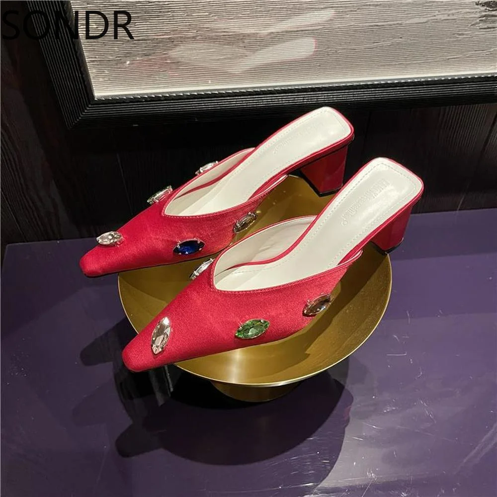 

Женские шлепанцы с заостренным носком, сатиновые шлепанцы на каблуке с котенком, летняя Дизайнерская обувь, 3 цвета, новинка 2022