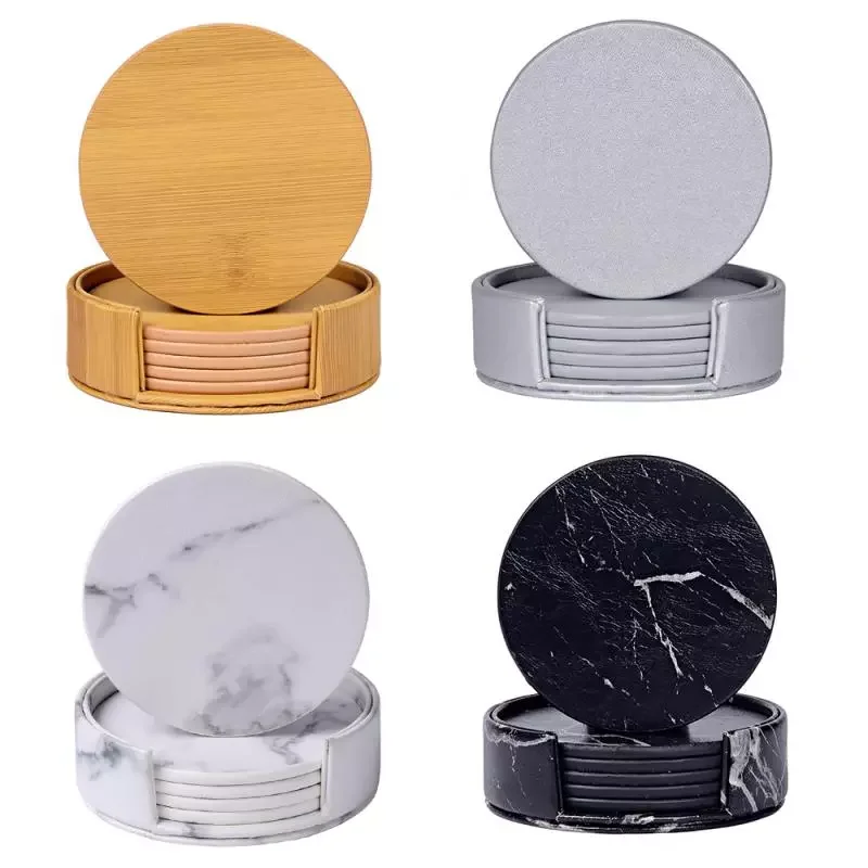 

NEW2022 6PCS Hot Sale PU Leather Marble Coaster Drink Coffee Cup Mat Easy To Clean Placemats Round Tea Pad Table Pad Holder