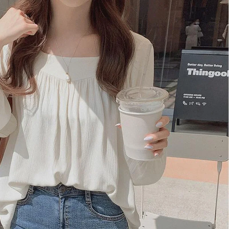 Блузка женская с квадратным вырезом простые нежные однотонные рубашки в