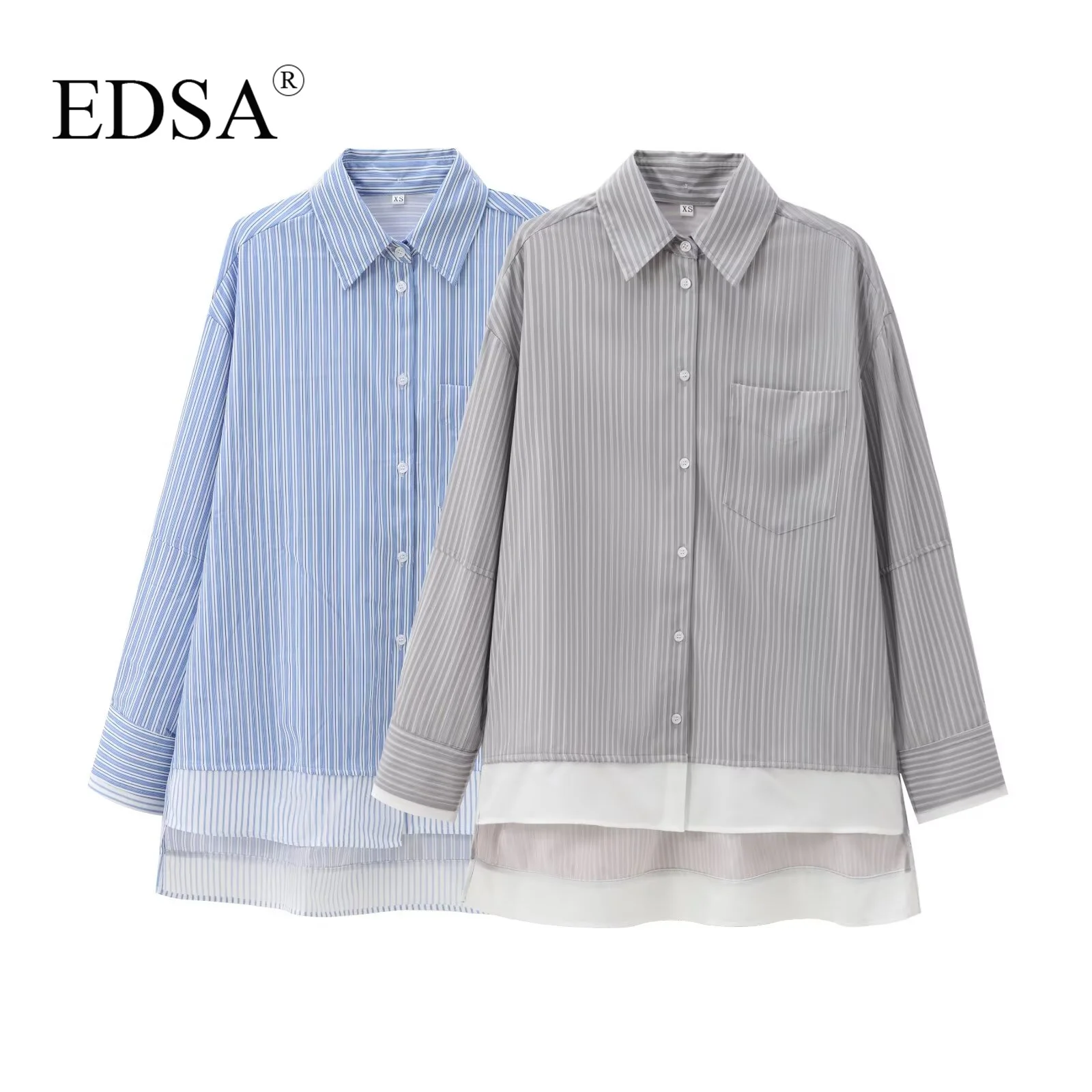 Женская Полосатая Рубашка EDSA однобортная блузка в стиле пэчворк с длинным