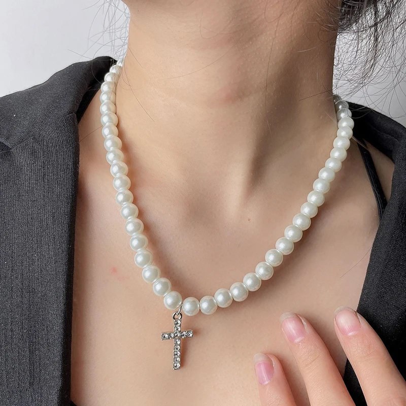

Trendy Cross Pendant Necklace for Women Girl Gift Hip-Hop Pearl Collarbone Chain Neck Choker Female Minimalist Fashion Jewelry