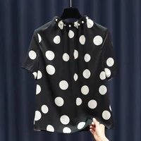 new summer high end silk round neck pullover top black and white polka dot loose knitted silk short sleeved t shirt