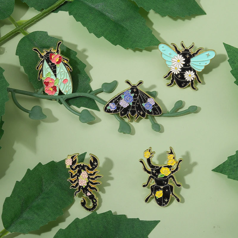 

Vintage Floral Insects Enamel Pins Custom Nature Moth Cicada Scorpion Brooches Lapel Badges Funny Jewelry Gift For Kids Friends
