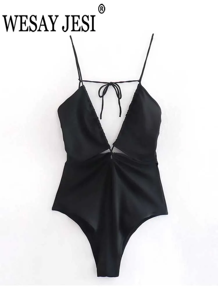 

WESAY JESI Solid Black Sling Bodysuit Summer Tube Top Cutout Sexy Women's One Piece Swimsuit Micro Elastic Light Ladies Fashion