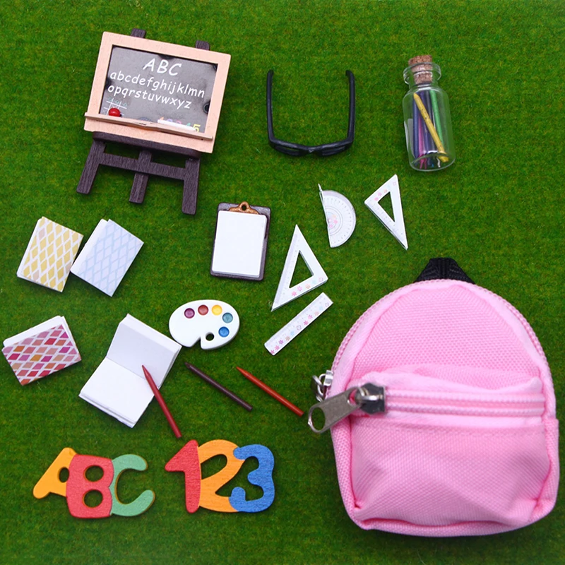 

1 комплект 1:6 миниатюрные школьные канцелярские принадлежности для кукольного домика линейка холст школьная сумка карандаш держатель для школьной доски очки Модель декоративная игрушка