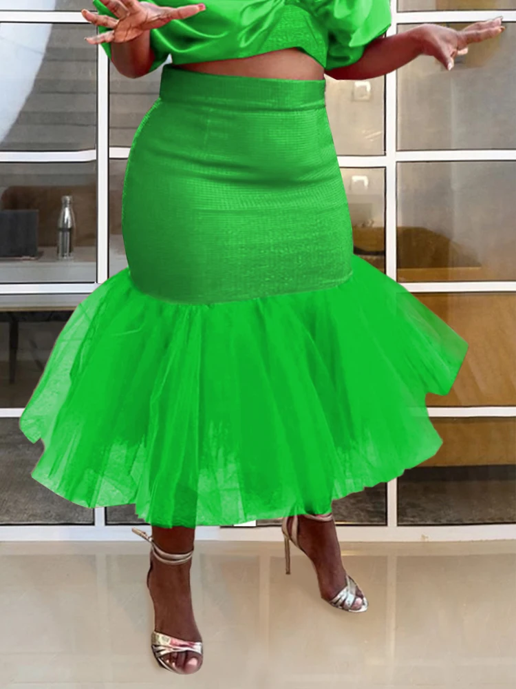 

Women Shiny Plus Size Green Patchwork Tulle Skirts High Waist Sexy Package Hip Midi Evening Party Glitter Skirt 4XL 2023 New