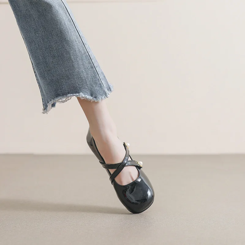 Round Toe Mary Jane Shoes Spring Autumn Pearl Shallow Mouth Women Shoes French Soft Bottom Large Size Girls Shoes Lolita Shoes