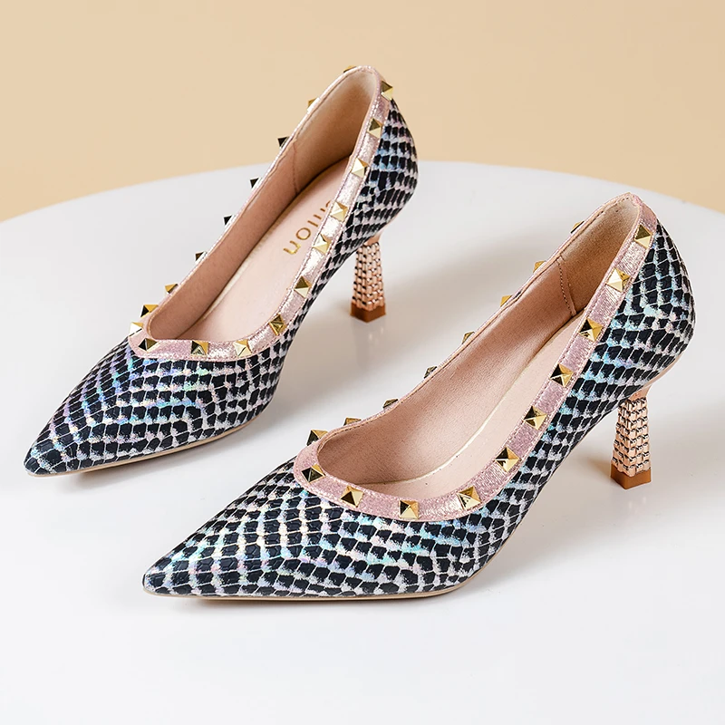 

Whale Print Women's Pumps PU Leather Black High Heels Shallow Rivet Decoration Party Sexy Fashion Office Lady Shoes Size 34-40