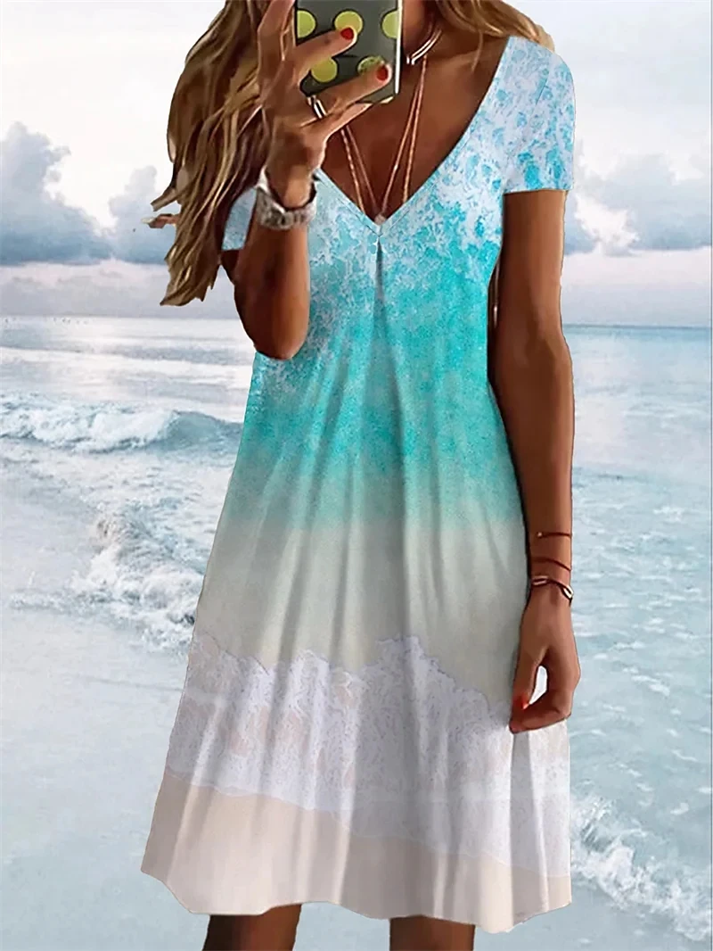 

2022 New Design Abstract Print Summer Dress Women Elegant Short Sleeve V-Neck Fashion Knee-Length Dress New Design