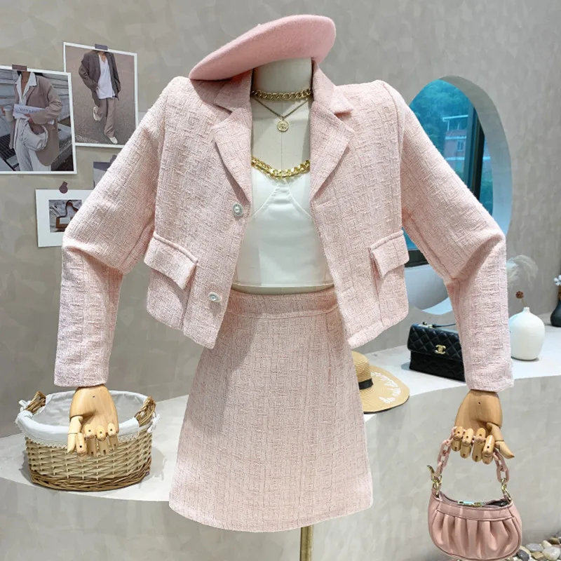 

New Women's Clothing 2022 Spring Tweed suit Long sleeved suit Blazers short coat top Jacket + high waist skirt two-piece set