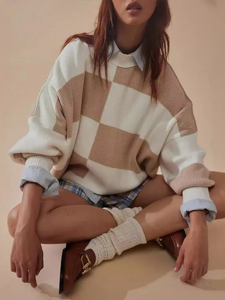 Повседневные вязаные свитера в клетку Женский винтажный свободный мягкий