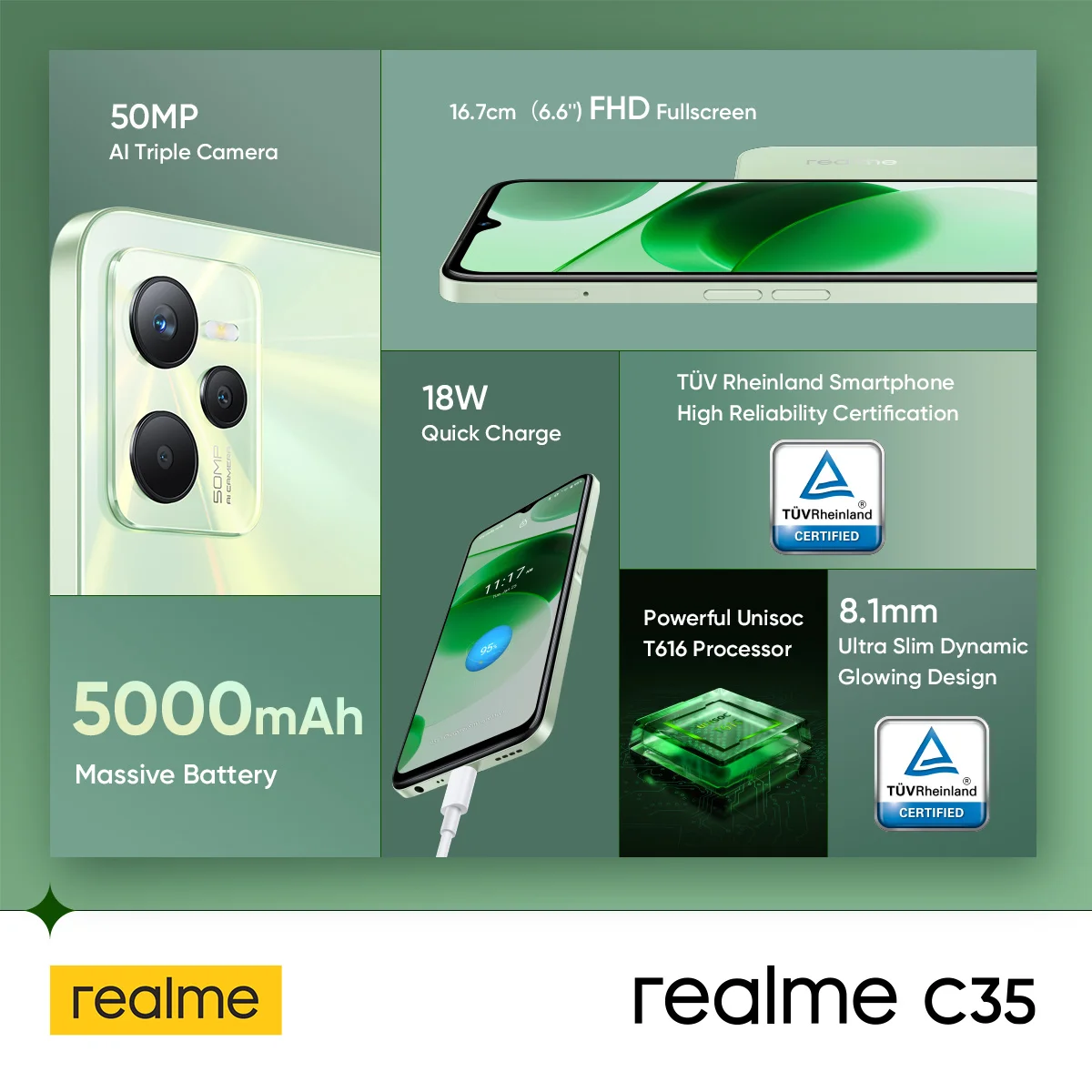 Смартфон realme C35 восемь ядер экран 6 дюйма 18 Вт 5000 мАч |