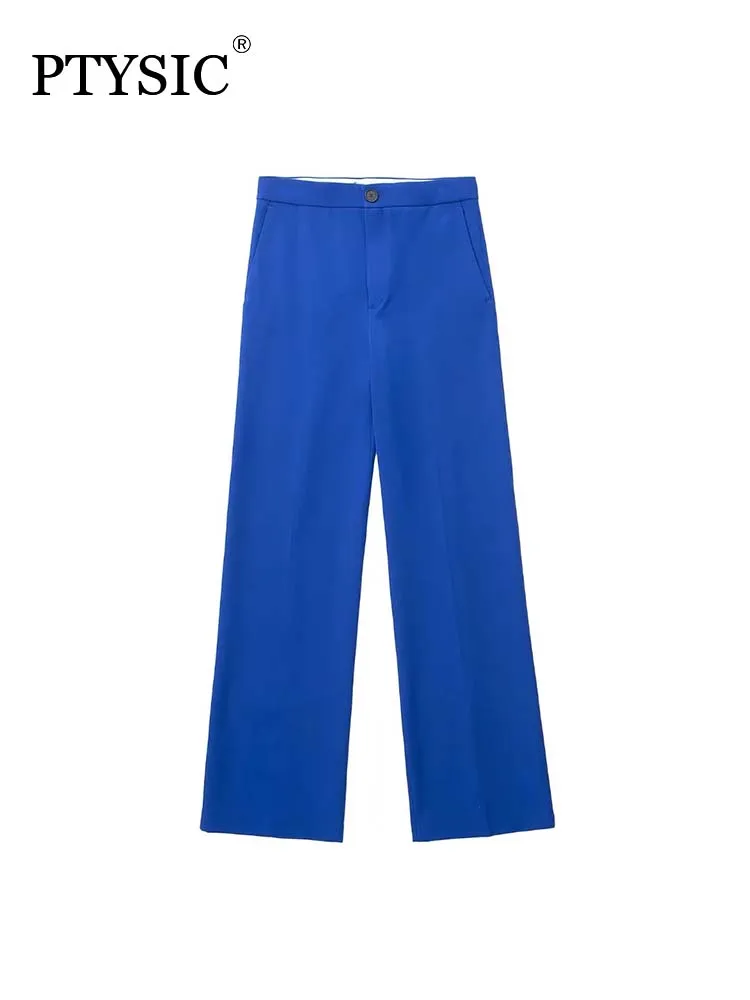 

PTYSIC Elegant Women Blue Straight Suit Trousers 2022 New High Waist For Office Lady Long Pants Solid Color Chic Outerwear