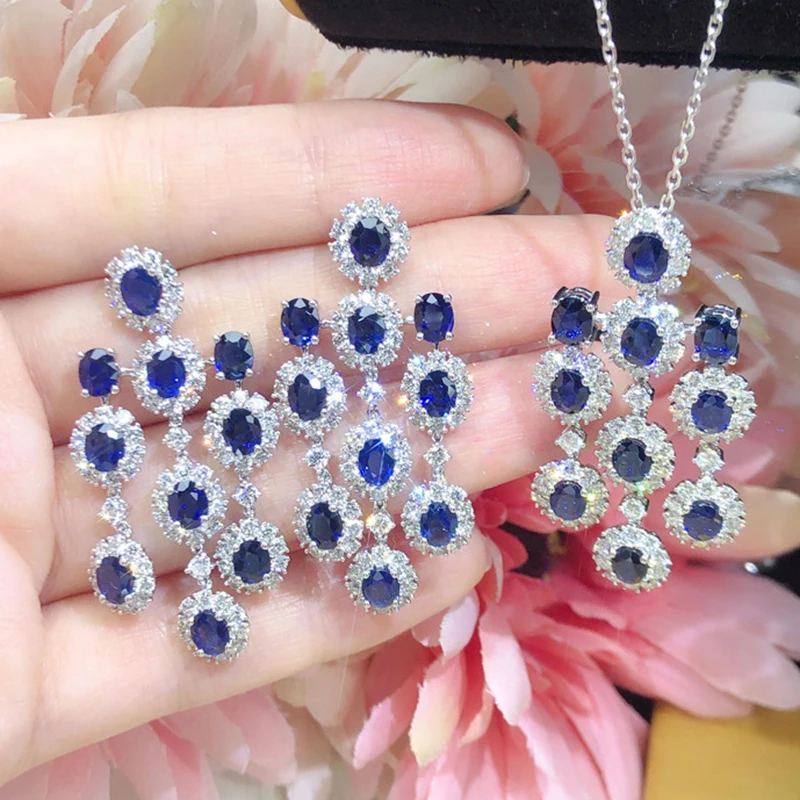 Foydjew Luxury Blue Zircon Long Tassel Dangle Earrings Royal Simulated Sapphire Pendant Necklaces Wedding Jewelry Sets For Women
