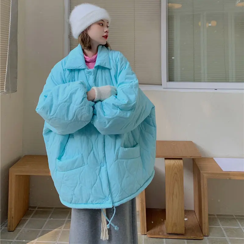 Extra-large Slim Female Lazy Parka Quilted Fleece Winter Coat Female Korean Fashion Drawstring Padded Ladies Coat White Coat