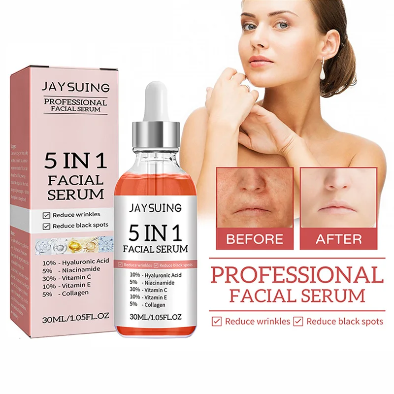 

5 In 1 Moisturizing Whitening Anti Wrinkle Essence Vitamin C Hyaluronic Acid Face Serum Fade spots Shrink Pores Care Serum 30ml