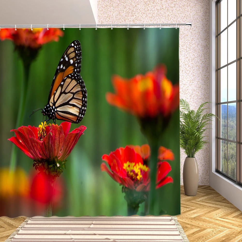 

safflower Green Plant Butterfly Shower Curtain Blooming Colorful Flowers Pattern Waterproof Fabric Bathroom Decor Bath Screen