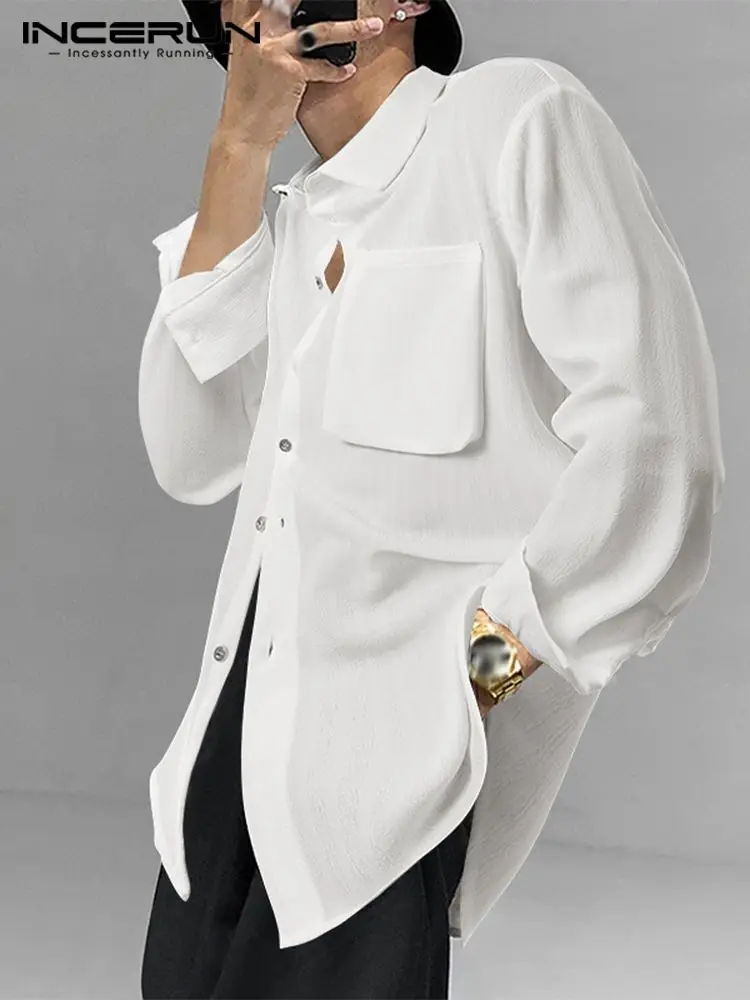 

INCERUN Fashion Men Shirt Lapel Long Sleeve Streetwear Button Korean Men Clothing Solid Color Pockets 2022 Casual Camisas S-5XL