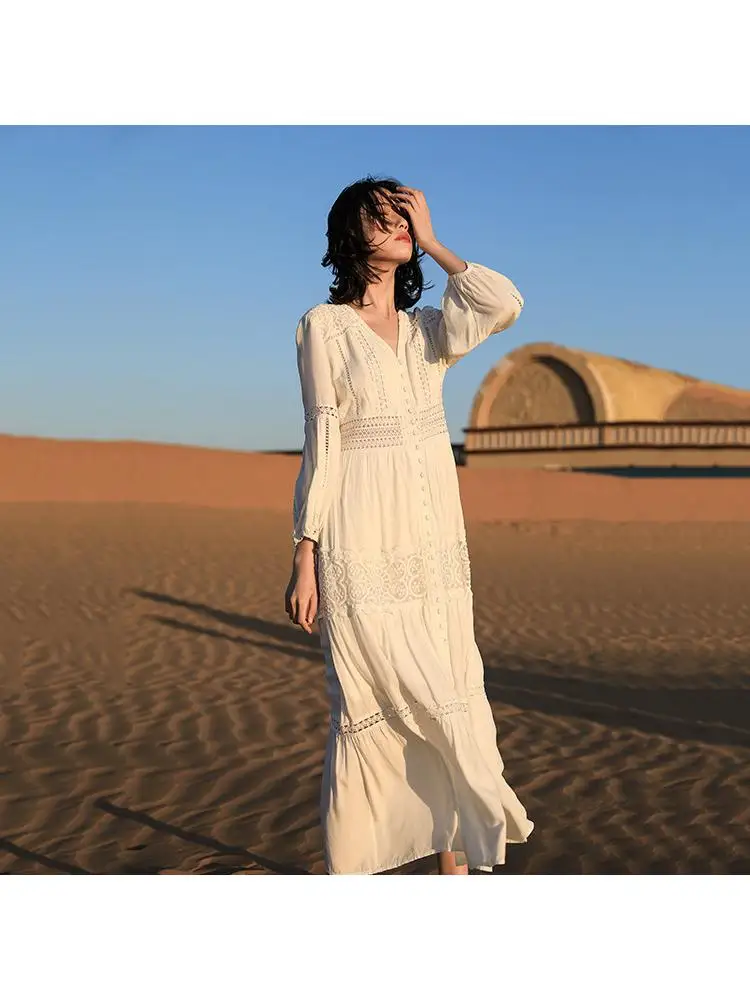 

2023 Spring/Summer Korean Style Elegant French V-Neck Embroidery Hollow Out White Holiday Beach Women Long Dress