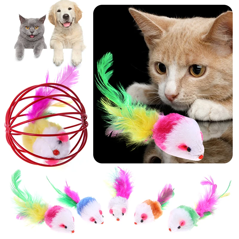 6.5cm Funny Pet Kitten Cat Toys Playing Artificial Feather Mouse Rat Mice Ball Cage Cute Plush Toy Pet Accessories