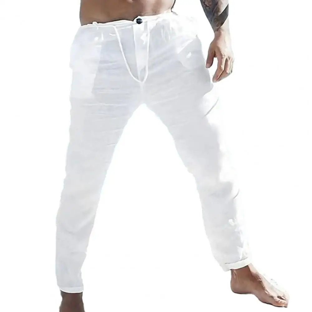 

Breathable Pants Breathable Summer Trousers for Men Soft Drawstring Pants with Slanted Pockets Simple Style Straight Pants