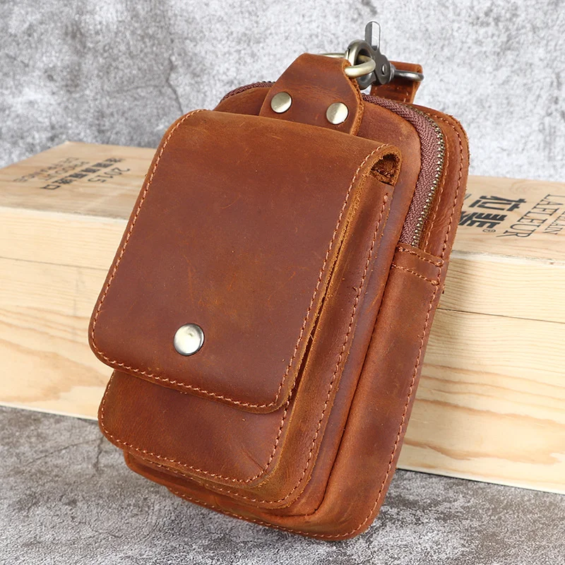 

Crazy horse leather men's fanny pack leather retro casual mobile phone pouch top layer cowhide waistband hanging bag waist bags