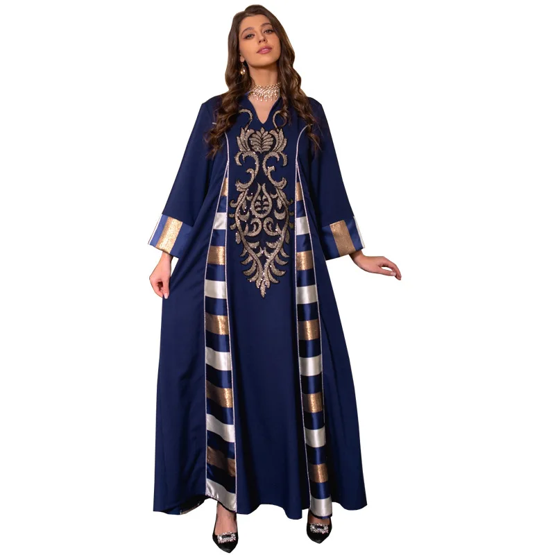 Factory Ethnic Embroidered Muslim Abaya Dress for Women Loose Plus Size Notched Stand Collar Moroccan Kaftan Duabi Robe Black