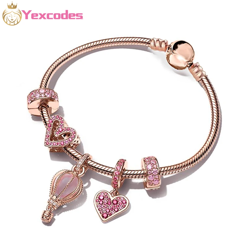 

2022 New Rose Gold Charm Ladies Bracelet DIY Crystal Hot Air Balloon and Peach Heart Pendant Boutique Girlfriend Bracelet Gifts