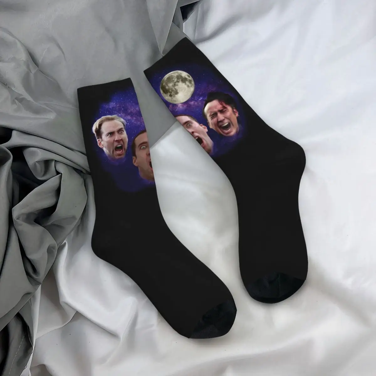 

Happy Funny Male Men Socks Crazy Three Wolf Nicolas Cage Moon Sock Funny Graphic Women Stockings Spring Summer Autumn Winter