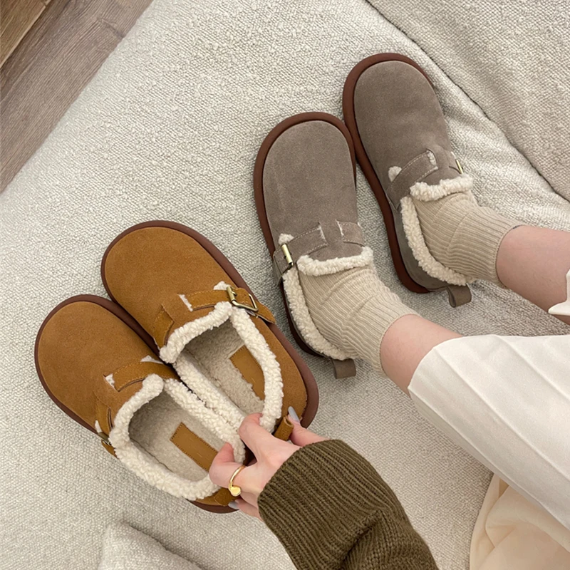 

Casual Woman Shoe Round Toe Female Footwear Loafers Fur Shallow Mouth Moccasin New Dress Winter Driving Flat Solid Leisure Lace-
