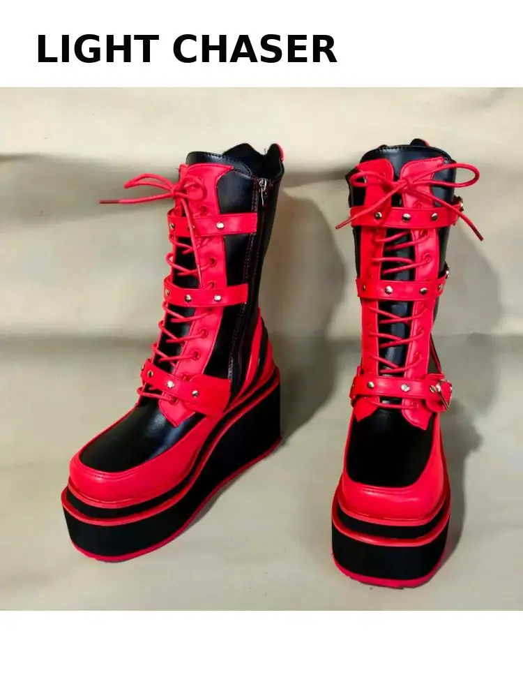 Autumn Winter New Punk Belt Buckle Rivets Thick Bottom Boots Slope Waterproof High Heel Platform Women's Boots Ankle Knight Boot