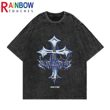 Rainbowtouches Acid Wash T Shirt 2022 Summer Vintage Unisex High Street Cross Pattern Oversize Fashion Mens Graphic T-Shirts