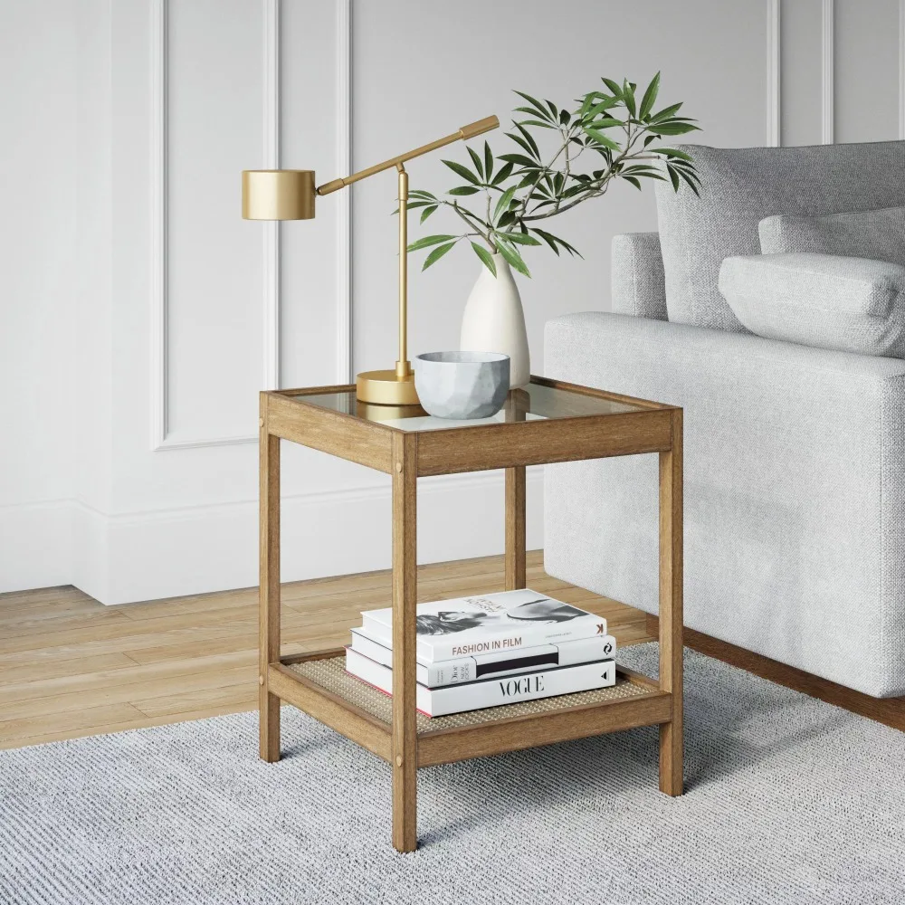 

Solid Wood Nightstand Bedside End/Side Table in Light Brown Wood Finish&Glass Top with Open Storage Shelf Living Room Furniture