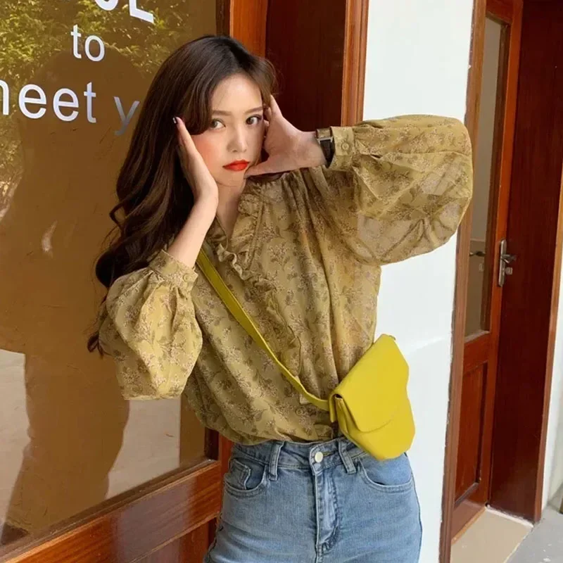 Женская шифоновая блузка с длинным рукавом и V-образным вырезом