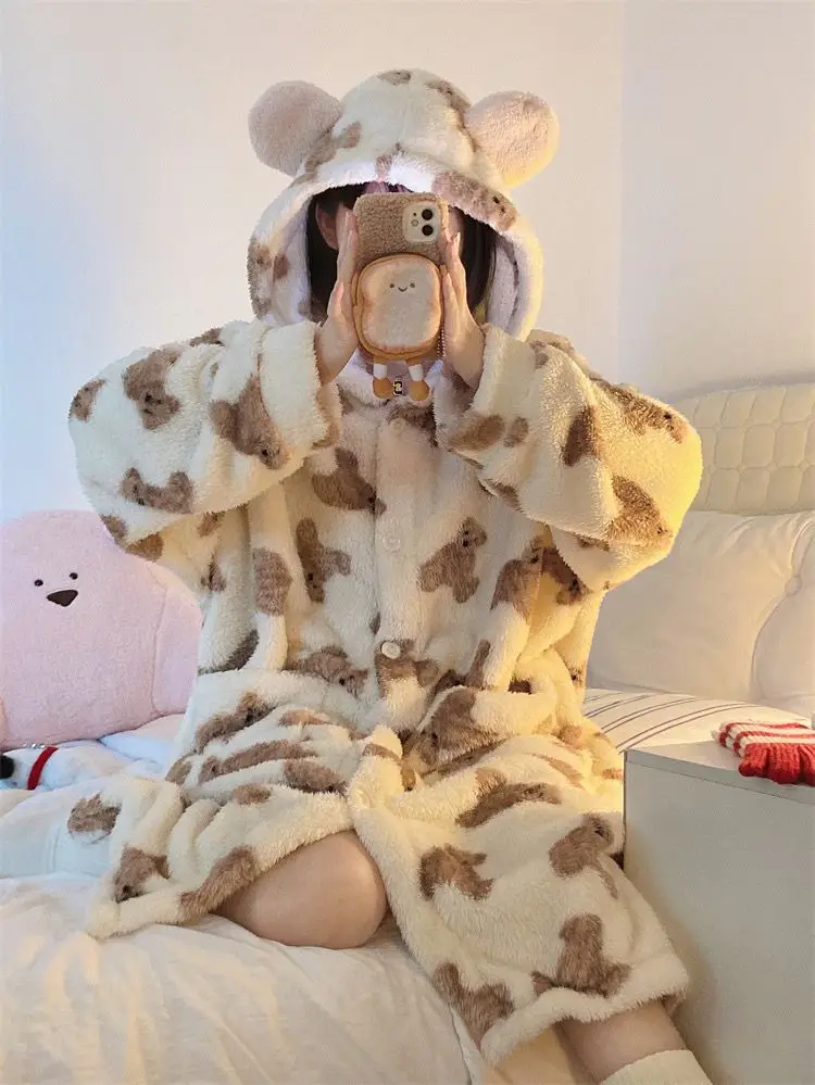 Yasuk Winter Women's Men Casual Warm Soft Sleepwear Hooded Gown Pajamass Velvet Fleecel Robes Many Bear Couple Unisex