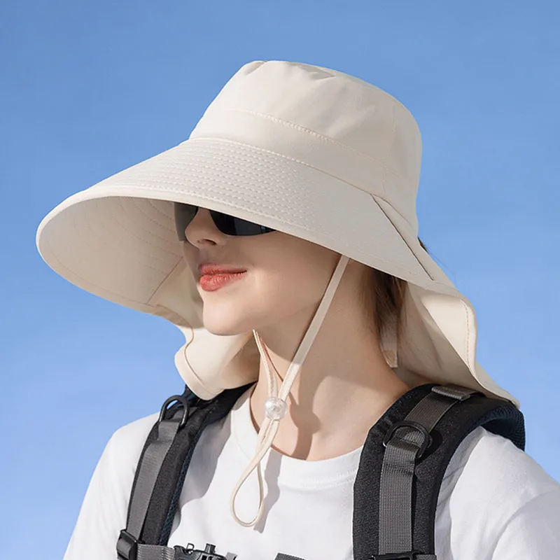 

Female Long Wide Brim Fisherman Caps Summer UV Neck Protection Sun Bucket Hat Outdoor Ponytail Visor Hat Women Shawl Beach Cap