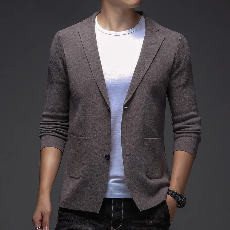 

New High-end Luxury Men's Suit V-neck Lapel Knitted Jacket Slim Fashion Pocket Sweater Casual Bottoming Shirt 2022 Autumn/Winter