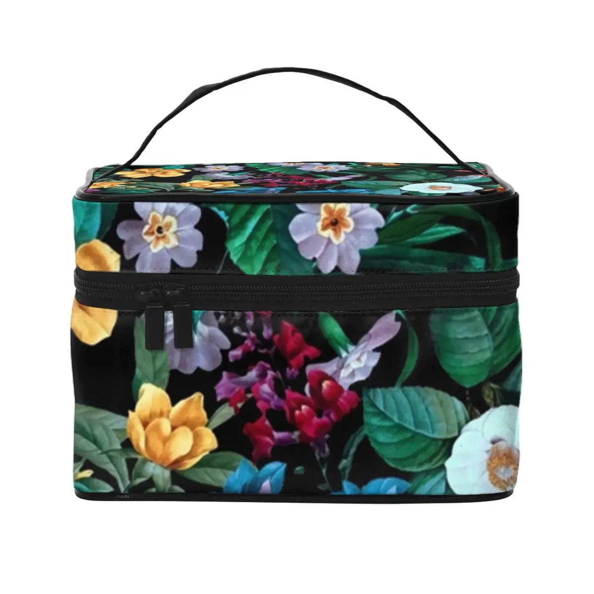 

Tropical Floral Print Cosmetic Bags Midnight Garden Restroom Multi-purpose Storage Organizers with Handle Woman's Makeup Pouch